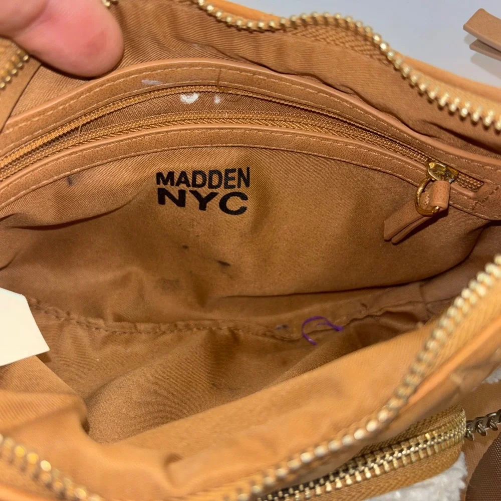 Madden NYC Quilted Crossbody‎ Bag Brown Sherpa Trim Gold Chain Strap MNY-274